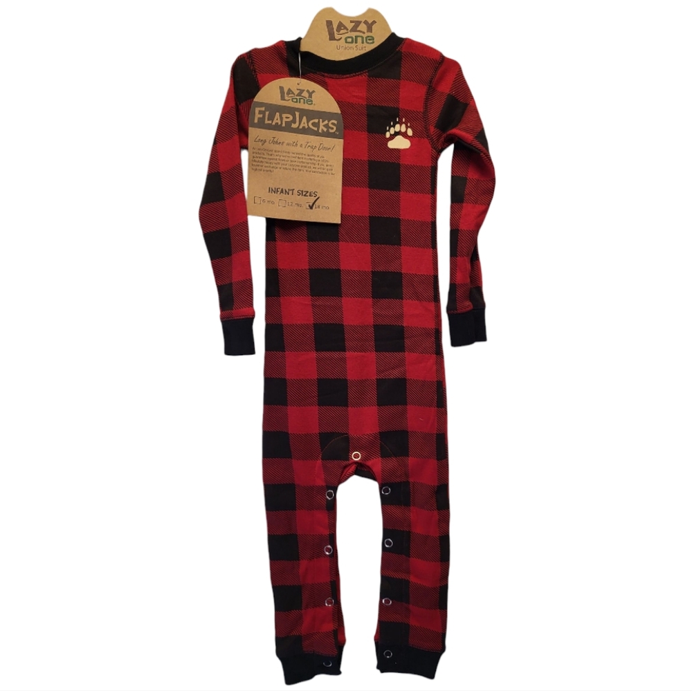NWT Lazy One Bear Cheeks Infant Black and Red Plaid Onesie Flapjack- Size 18 mo. - Picture 2 of 6